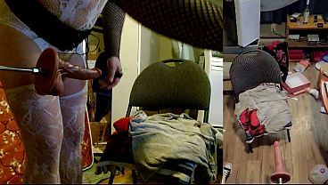 trans juicy booty gets  fucked up the ass by big dildo fuck machine